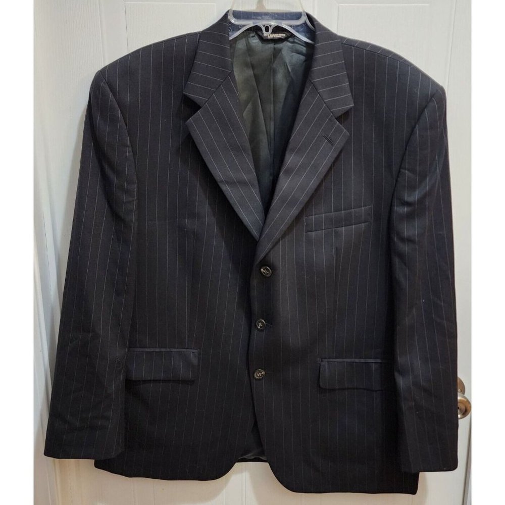 CHAPS Black Pin Striped 3 Button Suit Jacket Blazer Sport Coat Sz 44S 100% Wool
